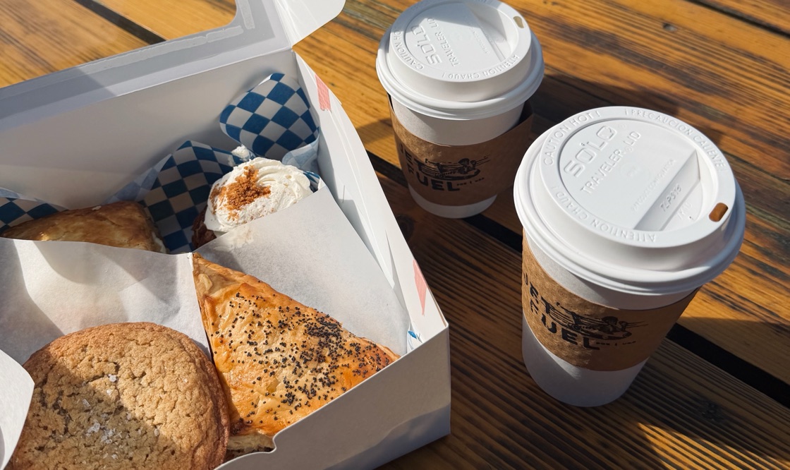 Coffee and pastries in a to-go box from a Portland coffee stop